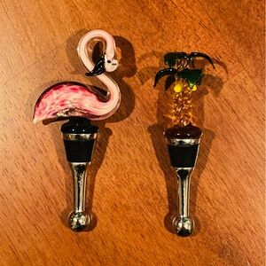 Pink Flamingo And Golden Pineapple Glass Bottle Toppers. NWOT
